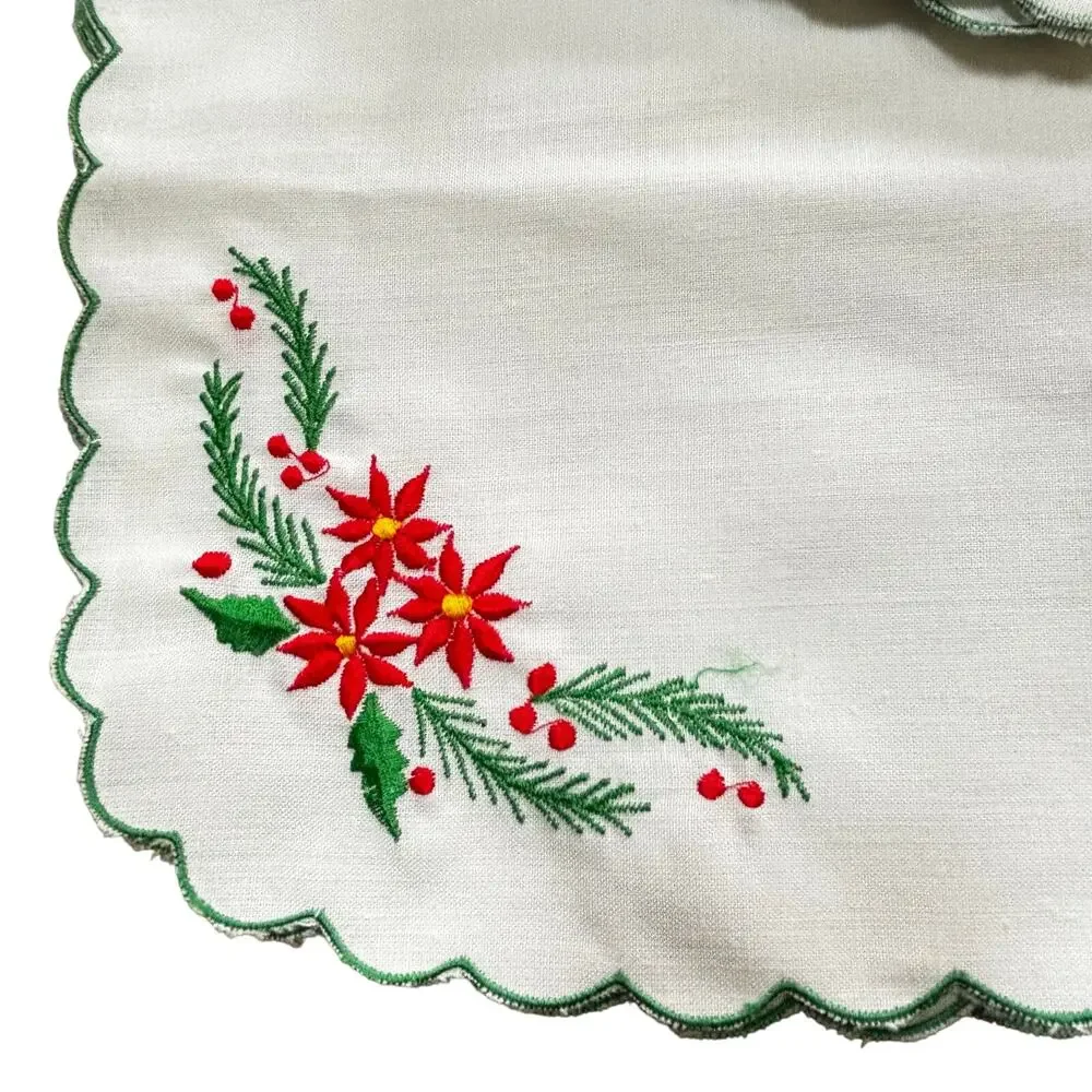 Vintage Christmas Set 4 placemat & napkins red embroidery poinsettias & greenery